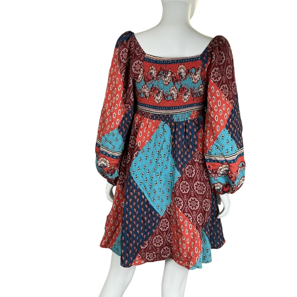 Merci Patchwork Square Neck Long Sleeve Mini Dres… - image 5